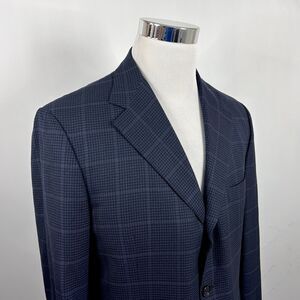 Isaia Napoli 42R Sport Coat Blue Plaid Super 140s Wool Three Button Double Vents